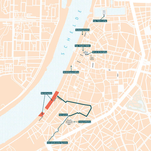 De verschillende evenementenlocaties van de Bevrijdingsparade aangeduid op een stadsplan: KMSKA, Scheldekaaien, de Loodswezensite en het MAS